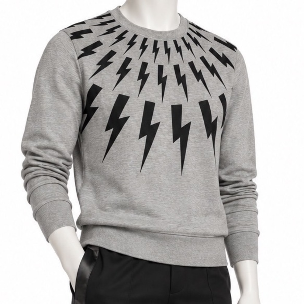 NEIL BARRETT Thunderbolt Lightning Bolt Gray Black Crewneck Sweatshirt | Men's M